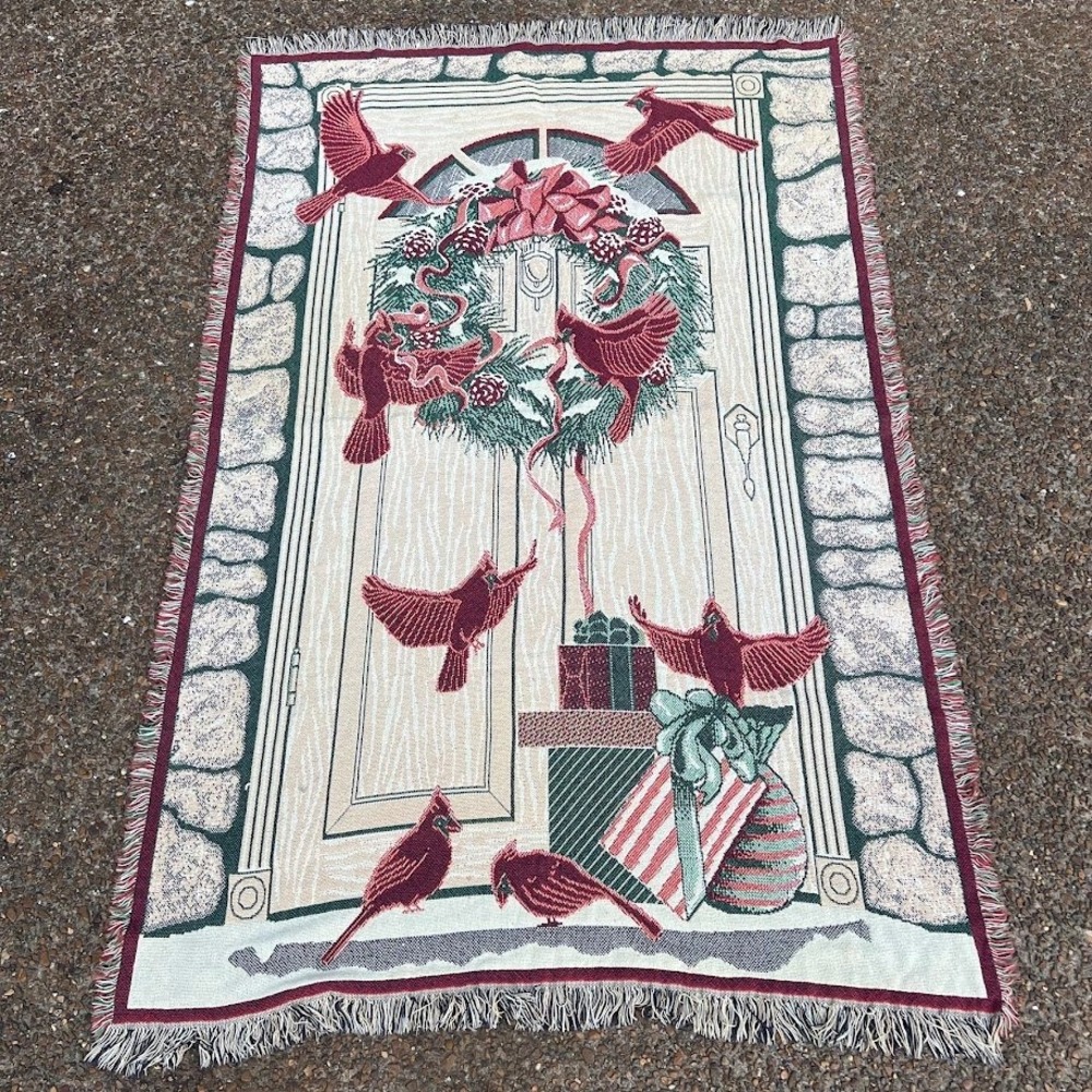 Vintage MWW 95' Christmas Cardinal Wreath Tapestry Throw Blanket Fringed Holiday